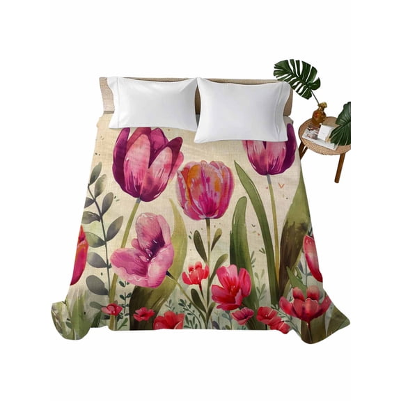 Twin XL Flat Sheet 66"x102", Pink Red Spring Floral Soft Lightweight Bedding Flat Sheets Only, Summer Botanical Tulip Vintage Brushed Microfiber Top Bed Sheet, Breathable StainResistant Bedsheets