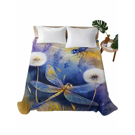 Twin XL Flat Sheet 66"x102", Purple Dragonfly Soft Lightweight Bedding Flat Sheets Only, Watercolor Spring Summer Floral Brushed Microfiber Top Bed Sheet, Breathable StainResistant Bedsheets