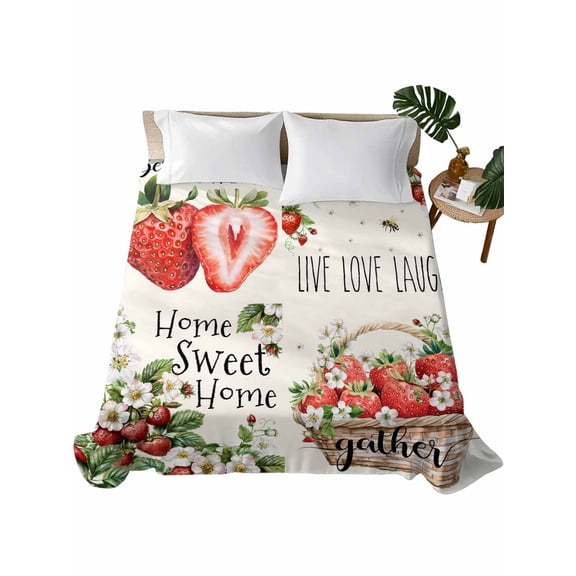 Twin XL Flat Sheet 66"x102", Strawberry Soft Lightweight Bedding Flat Sheets Only, Summer Fruits Green Botanical Floral Brushed Microfiber Top Bed Sheet, Breathable StainResistant Bedsheets