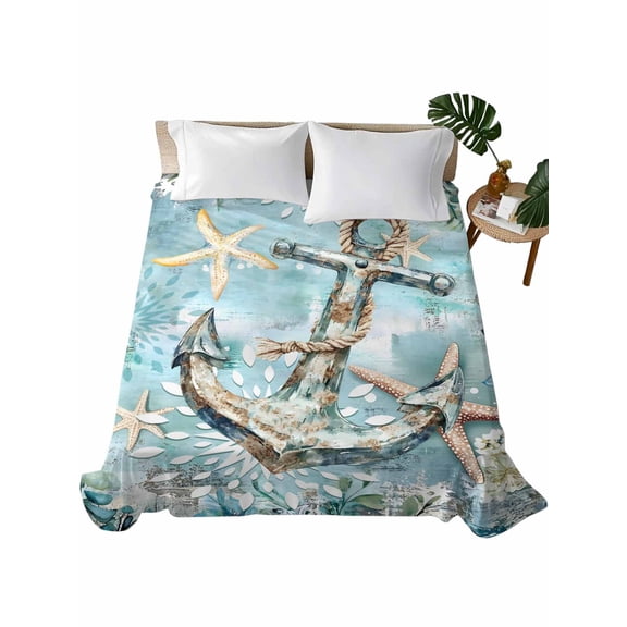 Twin XL Flat Sheet 66"x102", Teal Anchor Coastal Soft Lightweight Bedding Flat Sheets Only, Nautical Summer Beach Starfish Botanical Brushed Microfiber Top Bed Sheet, Breathable Bedsheets