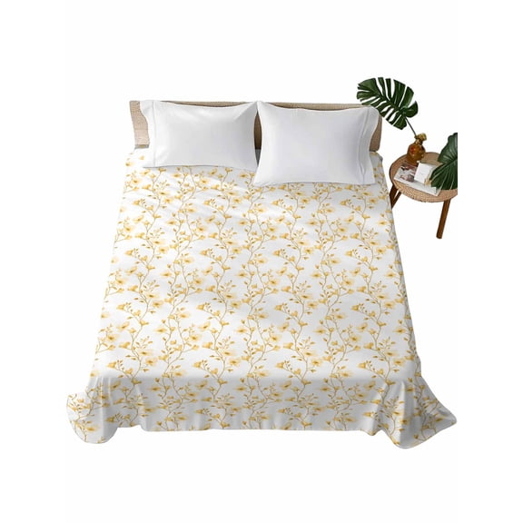 Twin XL Flat Sheet 66"x102", Yellow Spring Floral Soft Lightweight Bedding Flat Sheets Only, Elegant Watercolor Summer Botanical Brushed Microfiber Top Bed Sheet, Breathable StainResistant Bedsheets