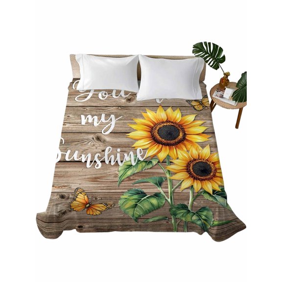 Twin XL Flat Sheet 66"x102", Yellow Sunflower Soft Lightweight Bedding Flat Sheets Only, Butterfly Sunshine Brown Farmhouse Wood Brushed Microfiber Top Bed Sheet, Breathable StainResistant Bedsheets