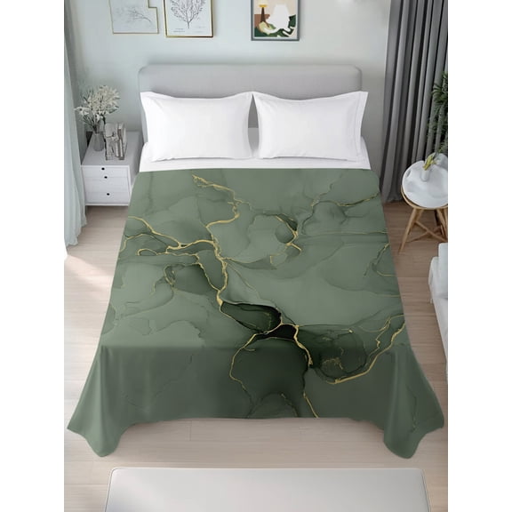 Twin XL Flat Sheet Only Abstract Modern Sage Green Marble Soft Microfiber Cooling Bedding Sheets Natural Texture Gold Stripe Flat Bed Sheet for Hotel,Home Decor