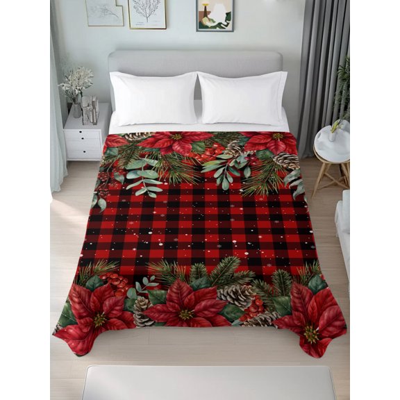 Twin XL Flat Sheet Only Christmas Red Poinsettia Flowers Soft Microfiber Cooling Bedding Sheets Black Plaid Check Flat Bed Sheet for Hotel, Home Decor
