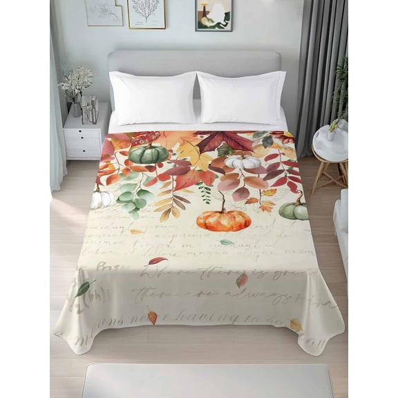 Twin XL Flat Sheet Only Fall Maple Leaf Thanksgiving Pumpkins Soft Microfiber Cooling Bedding Sheets Fallen Leaves Retro Letter Flat Bed Sheet for Hotel,Home Decor