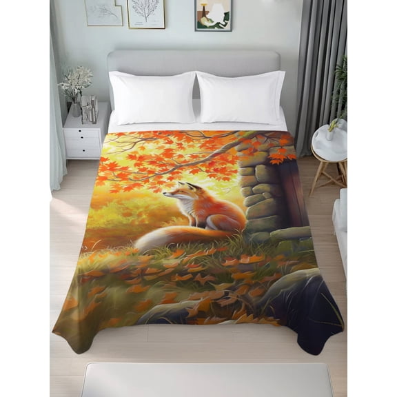 Twin XL Flat Sheet Only Fox Autumn Orange Leaves Watercolor Maple Leaf Soft Microfiber Cooling Bedding Sheets Stone House Flat Bed Sheet for Hotel,Home Decor