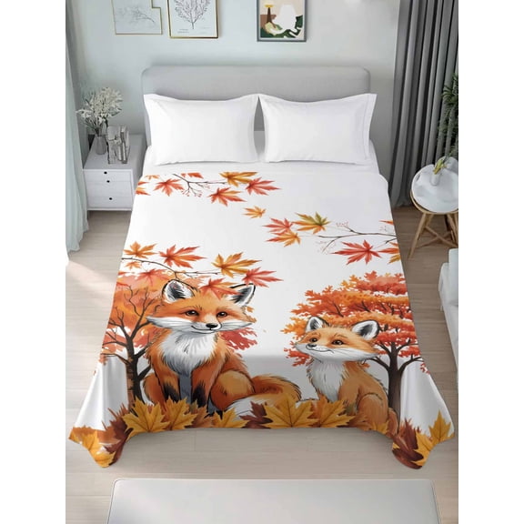 Twin XL Flat Sheet Only Fox Autumn Orange Maple Leaves Watercolor Soft Microfiber Cooling Bedding Sheets Cute Flat Bed Sheet for Hotel,Home Decor