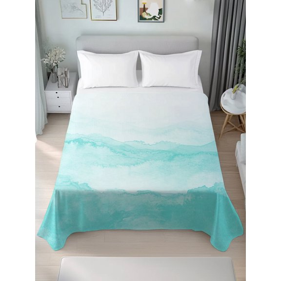 Twin XL Flat Sheet Only Teal Gradient Ripple Soft Microfiber Cooling Bedding Sheets Turquoise Ombre Flat Bed Sheet for Hotel,Home Decor