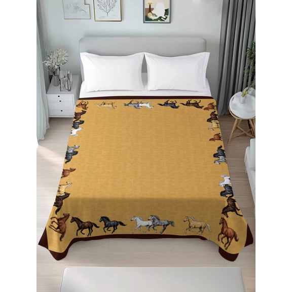 Twin XL Flat Sheet Only Traditional Horses Border Soft Microfiber Cooling Bedding Sheets Yellow Background Flat Bed Sheet for Hotel,Home Decor