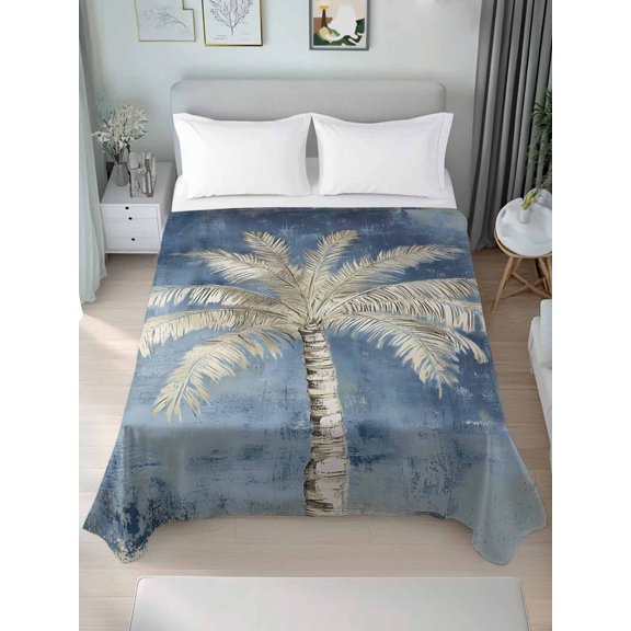 Twin XL Flat Sheet Only Tropical Large Palm Tree Soft Microfiber Cooling Bedding Sheets Retro Blue Background Flat Bed Sheet for Hotel,Home Decor