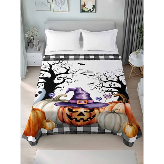 Twin XL Flat Sheet Only Scary Halloween Pumpkin Ghost Soft Microfiber Cooling Bedding Sheets Candy Tree Black White Flat Bed Sheet for Hotel,Home Decor