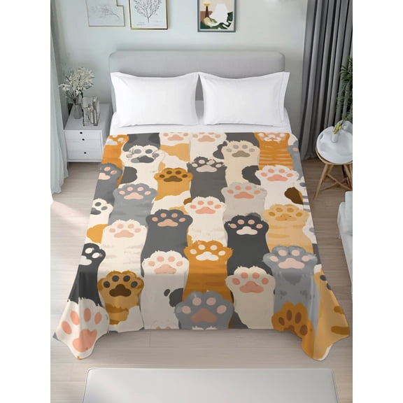 Twin XL Flat Sheet Only Seamless Cat Paw Pattern Soft Microfiber Cooling Bedding Sheets Kitten Claws Playful Pet Print Flat Bed Sheet for Hotel,Home Decor