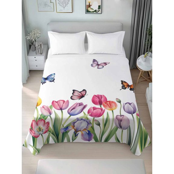 Twin XL Flat Sheet Only Watercolor Pastoral Tulips Butterfly Soft Microfiber Cooling Bedding Sheets Spring Colorful Flower Flat Bed Sheet for Hotel,Home Decor