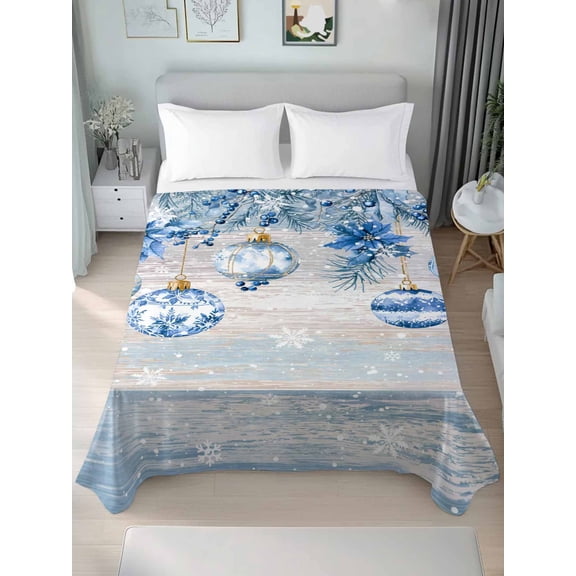 Twin XL Flat Sheet Only Winter Christmas Baubles Poinsettia Soft Microfiber Cooling Bedding Sheets Blue Berry Pine Wooden Flat Bed Sheet for Hotel, Home Decor