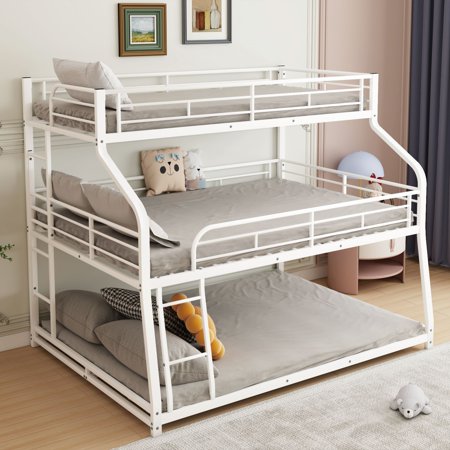 Twin XL/Full XL/Queen Triple Bunk Bed with Long and Short Ladder and Full-Length Guardrails,White