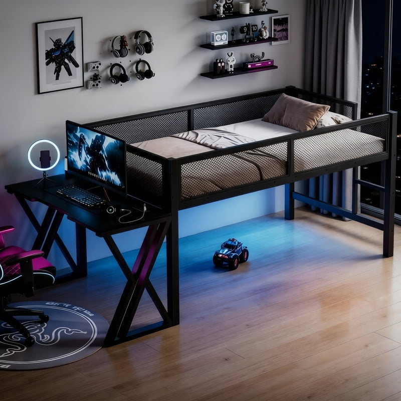 Twin XL Gaming Loft Bed with Computer Desk of X-Shaped Legs, Metal Bed Frame with LED Lights, Charge Station & Mesh Guardrail