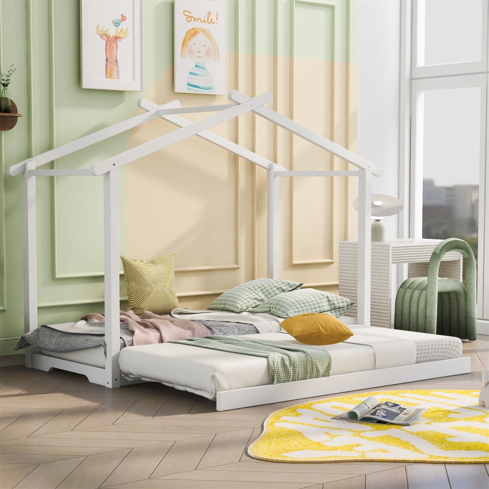 Twin XL/King Size House Bed with Trundle, Wood Platform Bed Frame with ...