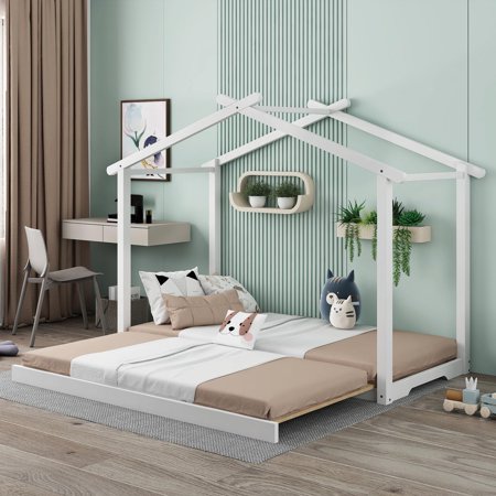 Twin XL/King Size House Platform Bed with Trundle,Roof Design