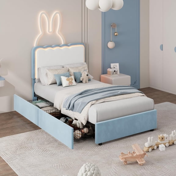 Twin XL LED Bed Frame with Storage & Adjustable Headboard - Heavy Duty Velvet Platform Beds