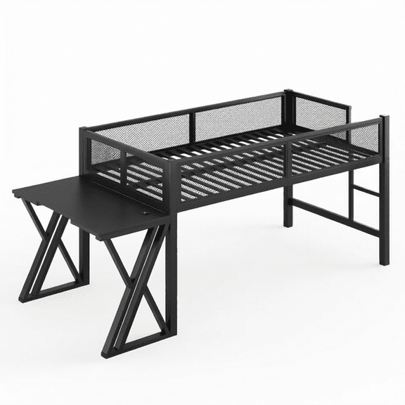 Twin XL Loft Bed with Built-in Desk, Metal Frame with Mesh Guardrails and X-Shaped Legs, Space-Saving High Bed with Study Table for Dorms and Bedrooms, Black
