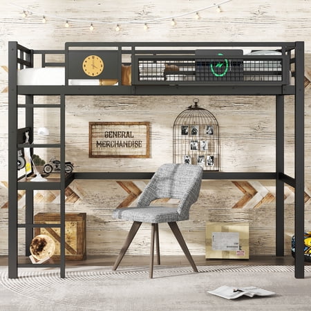 Twin XL Loft Bed with Desk and Charging Port, Metal Loft Bed Frame with Storage Basket, Built-in Clock and Pegboard, Space Saving, Black, No Box Spring Needed