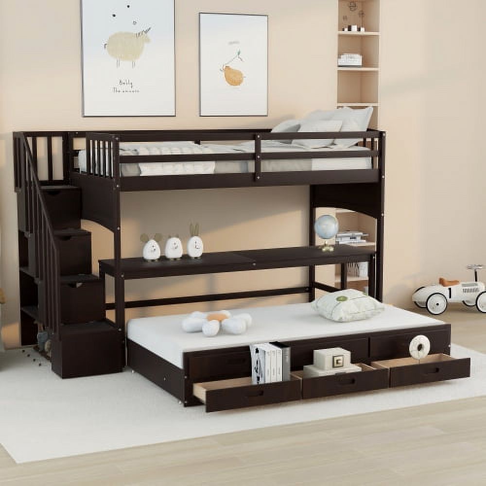 Twin XL Loft Bed with Desk and Stairs, Wooden Stairway Loft Bed with