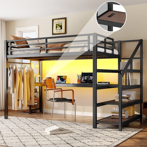 Twin XL Loft Bed with Desk and Storage Stairs, Heavy Duty Metal and MDF Frame with LED Lights, USB Ports, Iron Nets, Black, 98.43L x 41.73W x 64.96H for Studio and Dorm Room