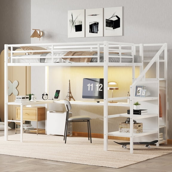 Twin XL Loft Bed with L-Shaped Desk and Wardrobe, Metal High Loft Bed Frame with USB Port and LED Lights, Storage Stairs and Adjustable Shelf, Milk White, Ships in 2 Boxes