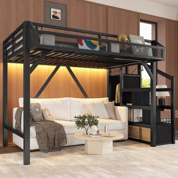 Twin XL Loft Bed with Storage Stairs, Metal Loft Bed Frame with Built-in Wardrobe, Shelves, USB Ports & LED Lights, Space-Saving Loft Bed for Dorm & Small Room, Noise-reduced Design, Black