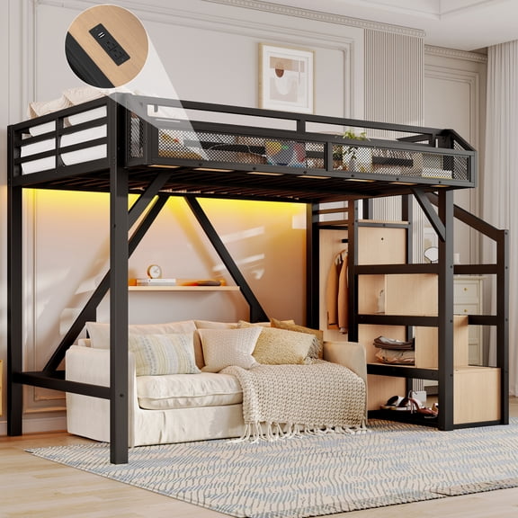 Twin XL Loft Bed with Storage Stairs, Shelves and Built-in Wardrobe, Metal Loft Bed Frame with USB Ports and LED Lights, Noise-reduced Design, Natural Wood