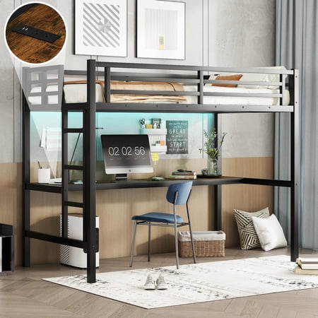 Twin XL Loft Bed with Desk, USB Charging Station and LED Light, Metal Loft Bed Frame with Ladder and Full-Length Guardrails, Black