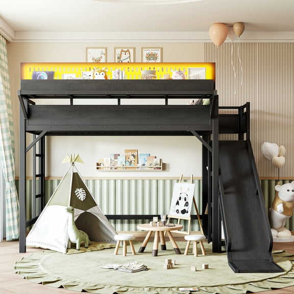 Twin XL Loft Bed with Slide, Storage Shelves & Built-in Wardrobe, Metal Frame with USB Ports and LED Lights, Black