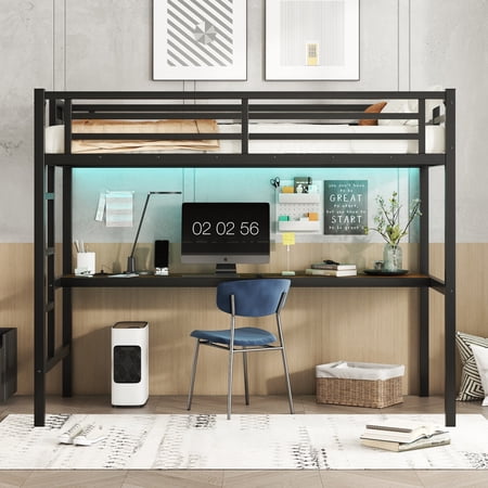 Twin XL Loft Bed with Smart Desk – 350LB Capacity – Built-in USB & LED – Space-Saving Design – Metal Frame