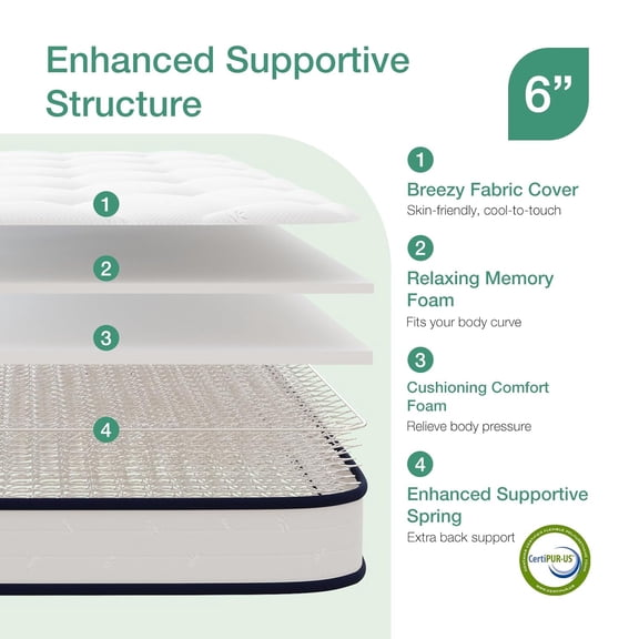 Twin XL Mattress 6 Inch, Bonnell Spring Hybrid Mattress for Spine Support & Cooling Comfort - Adaptive Foam Layer with Medium Firm - CertiPUR-US Certified for Youth/Guest Rooms