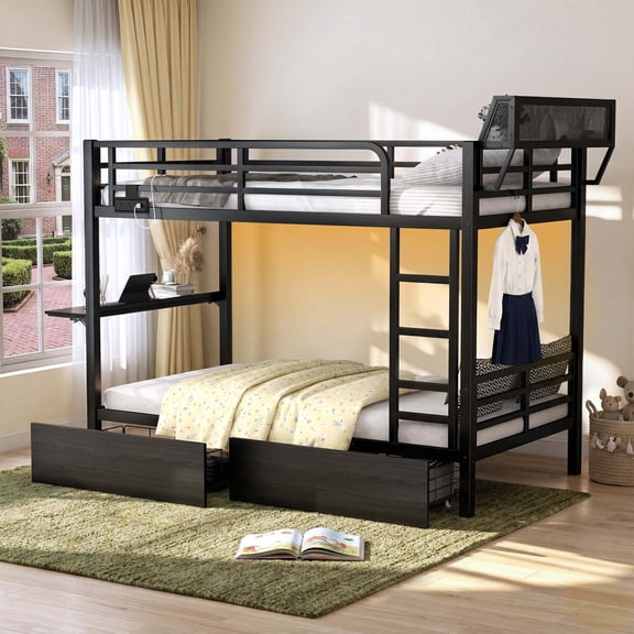 Twin XL Metal Bunk Bed with Desk, Charging Station, LED Light, 2 Drawers and L-Shaped Shelf, Black