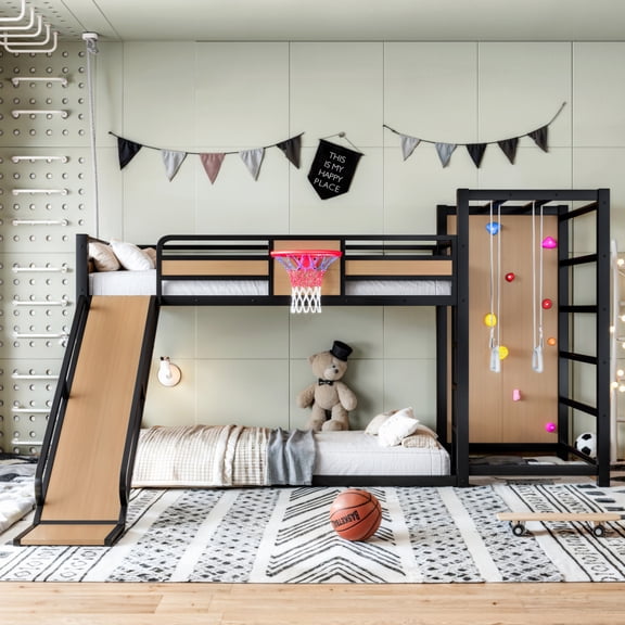 Twin XL Metal Loft Bed with Climbing Wall, Basketball & Rings, Slide, XL,Yellow