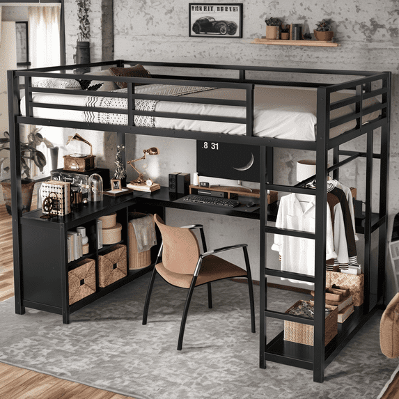 Twin XL Metal Loft Bed with Desk & Wardrobe, Space Saving Loft Bed with L-Shaped Desk, Storage Shelves for Teens Adults, Black