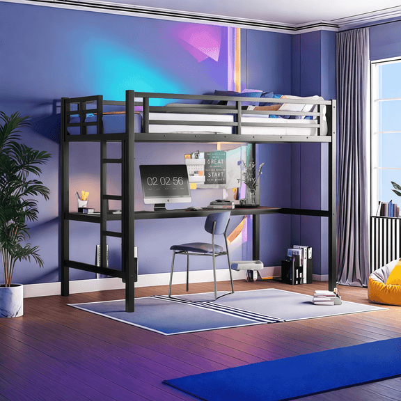 Twin XL Metal Loft Bed with Power Outlet & LED Lights, Space-Saving Desk, CPC Safety Certified, USB Charging Station for Teens/Adults, Black