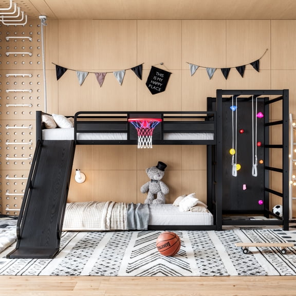 Twin XL Metal Loft Bunk Bed with Basketball Hoop, Pull-up Rings, Climbing Wall, Built-in Bookshelves and Slide, Black