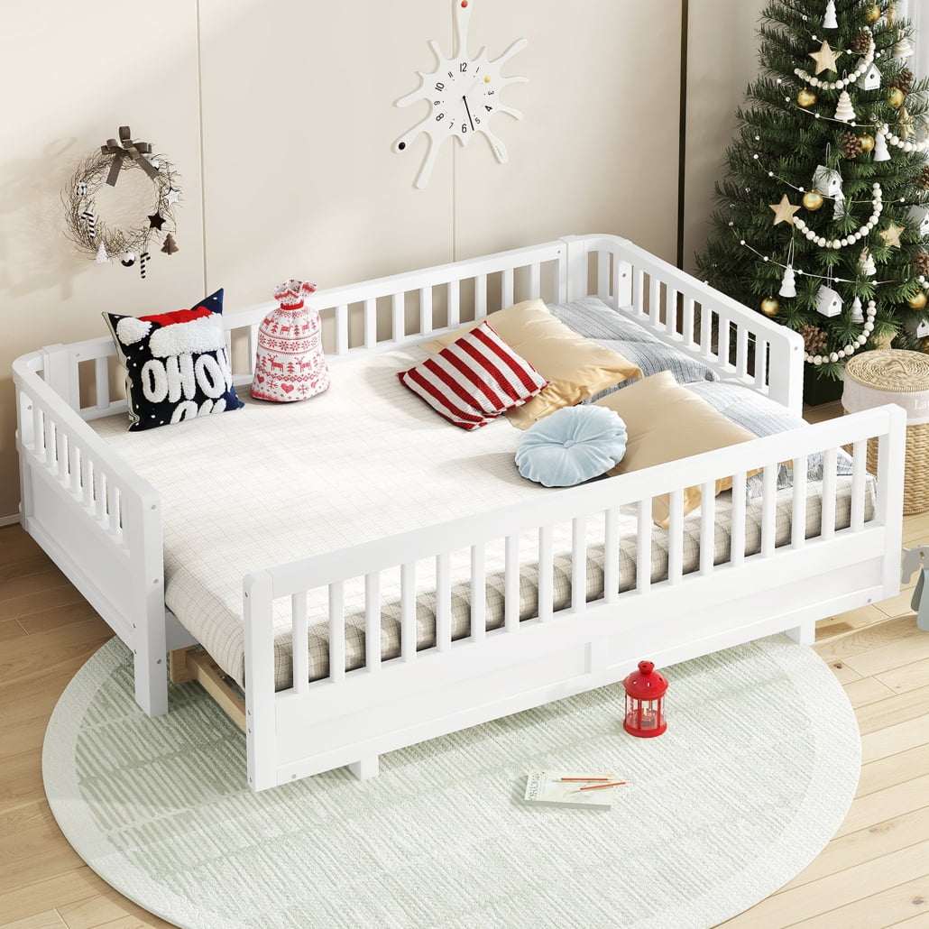 Twin XL Montessori Floor Bed or Queen Platform Bed for Kids, Solid Wood Twin XL Bed Frame with Guardrails, 2-in-1 Convertible Toddler Bed Frame, White