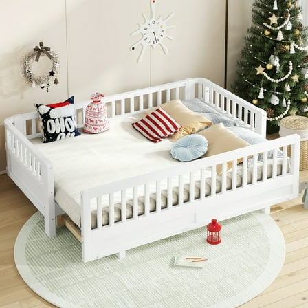 Twin XL Montessori Floor Bed or Queen Platform Bed for Kids, Solid Wood Twin XL Bed Frame with Guardrails, 2-in-1 Convertible Toddler Bed Frame, White