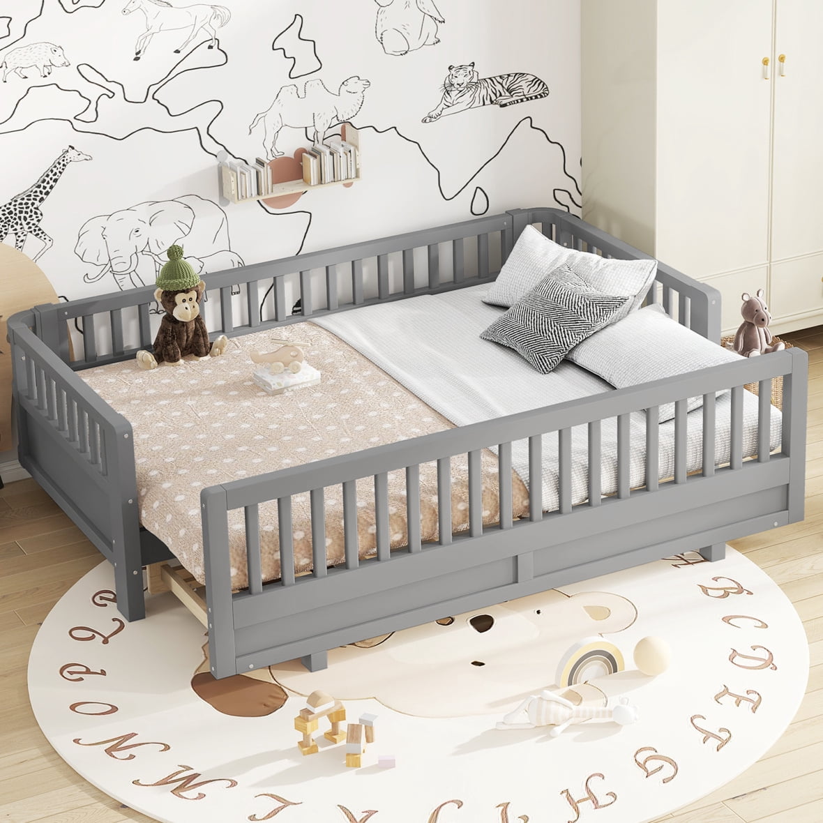 Twin XL Montessori Floor Bed or Queen Platform Bed for Kids, Solid Wood Twin XL Bed Frame with Guardrails, 2-in-1 Convertible Toddler Bed Frame, Grey
