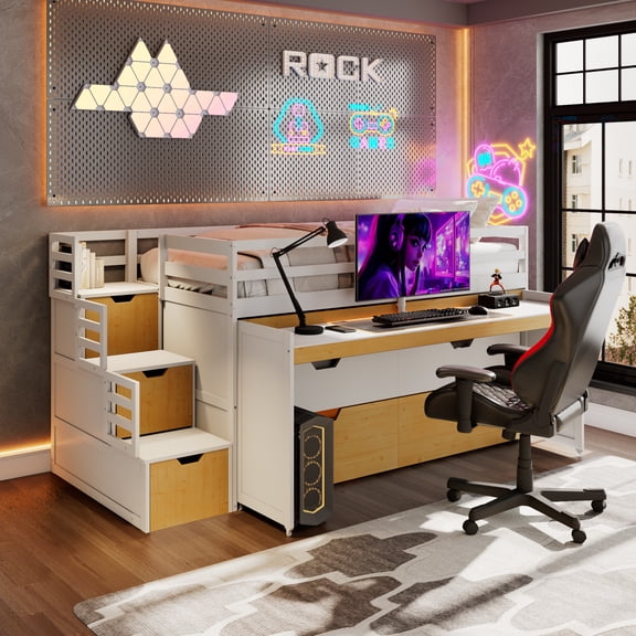 Twin XL Multi-Functional Loft Bed with Pull-out Desk, Twin Trundle, 2 Drawers and Storage Steps, Gaming Workstation Frame, White and Wood Tone
