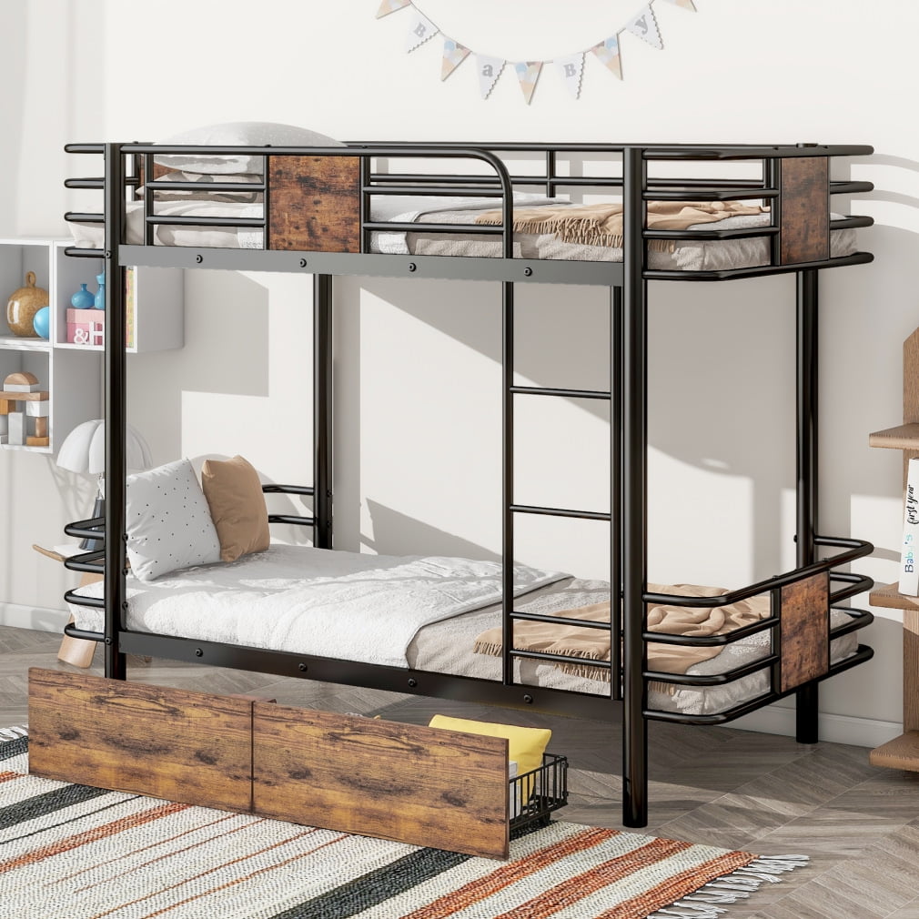 Twin XL Metal Bunk Bed with Ladder and 2 Storage Drawers, No Box Spring