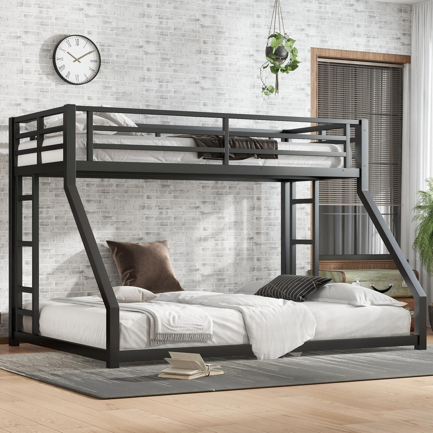 Twin XL Over Queen Bunk Bed for All Ages, Heavy Duty Metal Bunk Bed Frame with 2 Side Ladders & Safety Rails, Space-Saving, Multi-Functional, Black