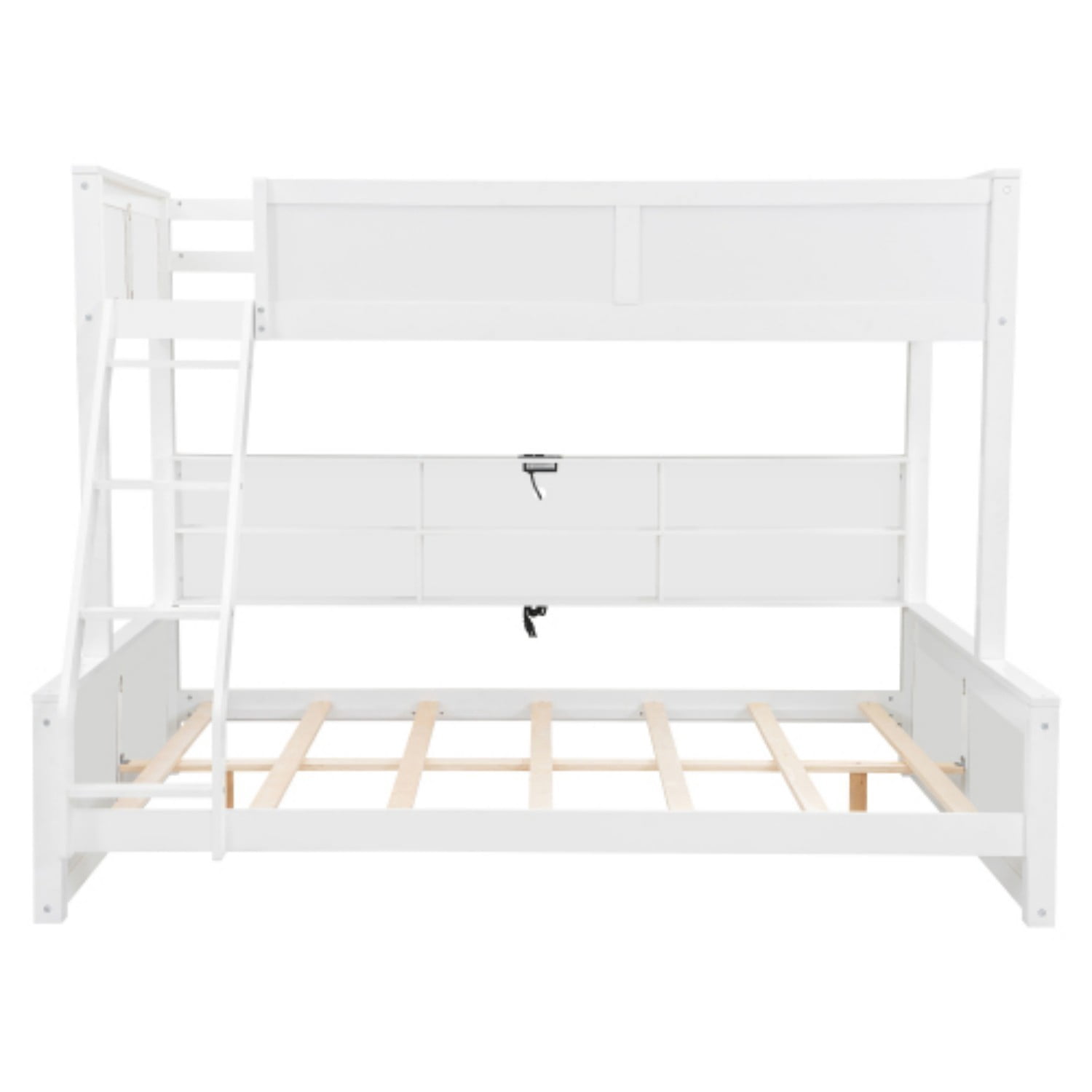 Twin XL Over Queen Bunk Bed with Storage Cabinets & USB Ports, Solid Wood Loft Bed with Guardrails, Space Saving Bed for Bedroom, Antique White