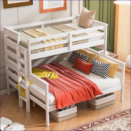 Twin XL Over Queen Pine Wood Bunk Bed with Ladder, White – No Box Spring Needed, Space-Saving for Small Rooms