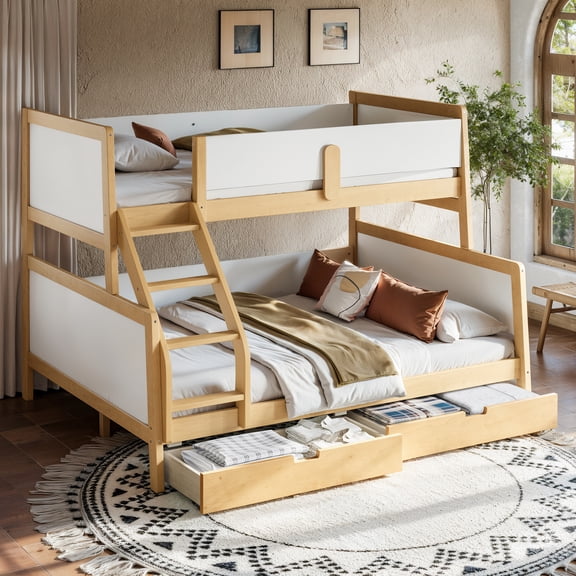 Twin XL Over Queen Solid Wood Bunk Bed with Storage Drawers, Convertible Bed Frame with Support Slats, No Box Spring Needed, White & Natural Finish