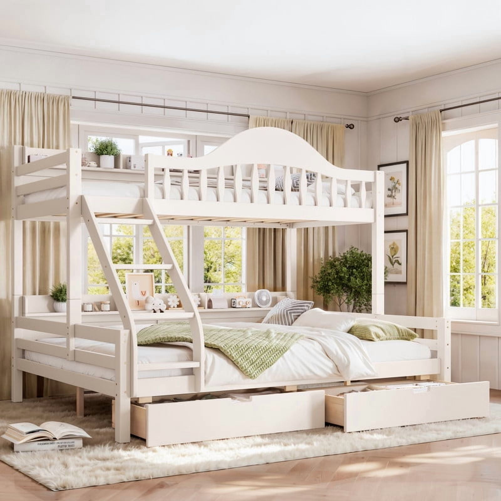 Twin XL-Over-Queen Wood Bunk Bed with Curved Guardrail & Ladder, Chic Kids Storage Bed Frame with Drawers & Bedside Shelves