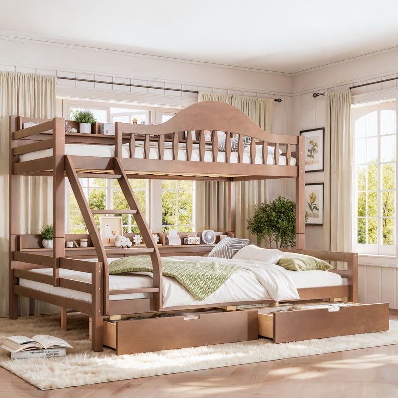 Twin XL-Over-Queen Wood Bunk Bed with Curved Guardrail & Ladder, Chic Kids Storage Bed Frame with Drawers & Bedside Shelves